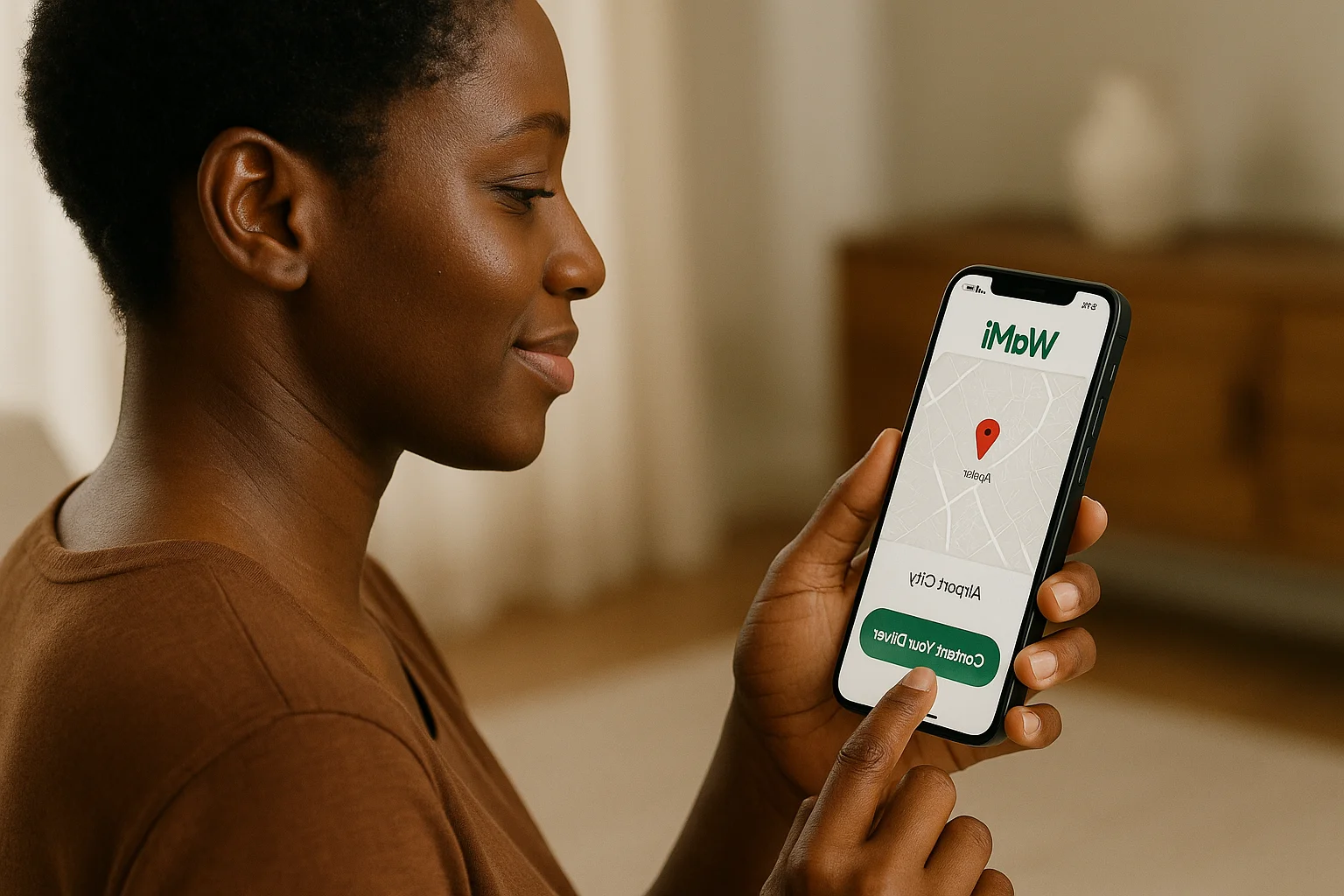 A person's hands holding a smartphone, displaying the WaMi app's user-friendly booking interface.