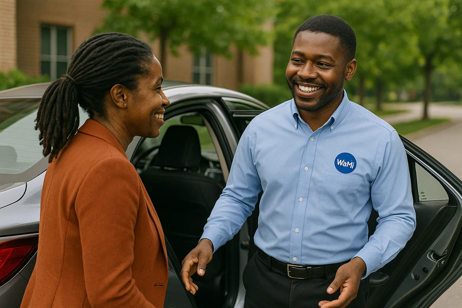A smartly-dressed, professional WaMi driver smiling reassuringly while standing next to a clean car.